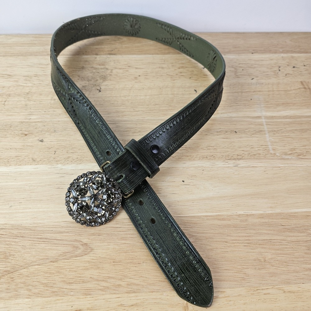 B-LOW THE BELT‎ Green Leather Rhinestone Western Womens Belt - Size 34